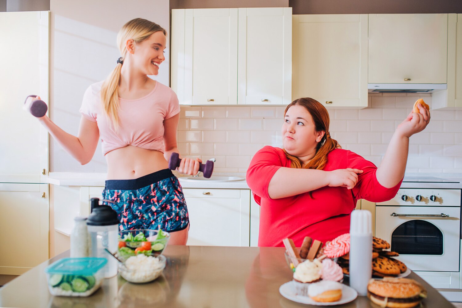 young slim woman holding dumbbells overweight woman eating burger 152404 5395